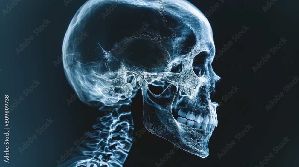 X-ray image showcasing a human skull, detailed view of cranial ...