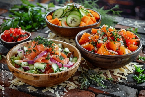 Herb Cheese Vegetable Salad, Baked Pumpkin Salat, Raw Smoked Salmon Restaurant Starter Menu