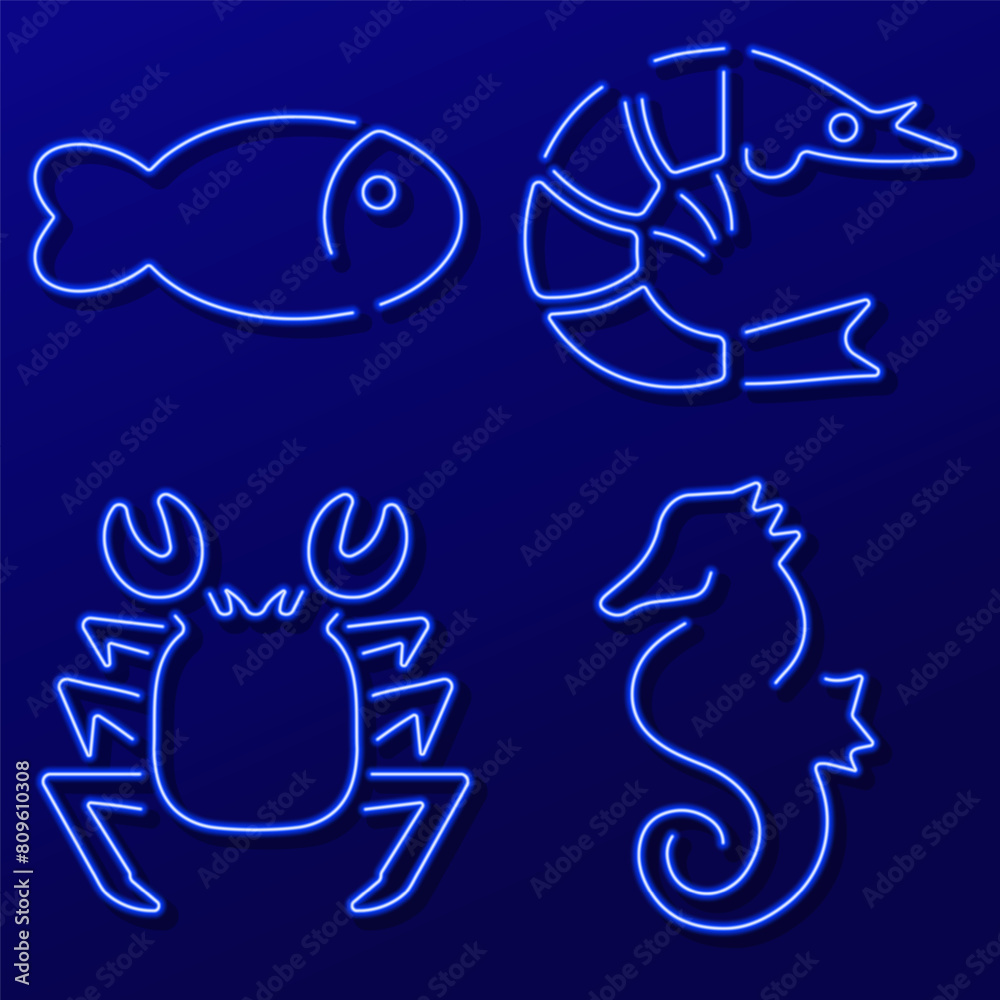 Marine life neon sign, modern glowing banner design, colorful modern design trend. Vector illustration. Marine life neon sign, modern glowing banner design, colorful modern design trend. Vector illustration.