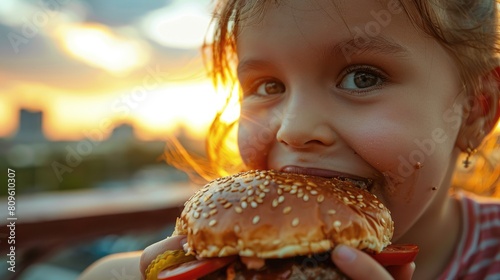 A young girl is enjoying a classic fast food meal of a hamburger with french fries. The staple food includes a bun  sandwiched with ingredients for a satisfying food craving AIG50