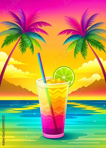 cocktail tropical island coconut palm trees abstract bokeh background colorful sky beautiful ocean vibrant nature