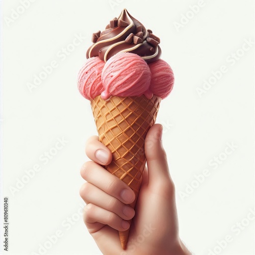 Hand holding delicious chocolate strawberry cream cone on a white background