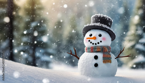 Cute snowman with hat and scarf in the forest during snowfall; Christmas winter scene with text space