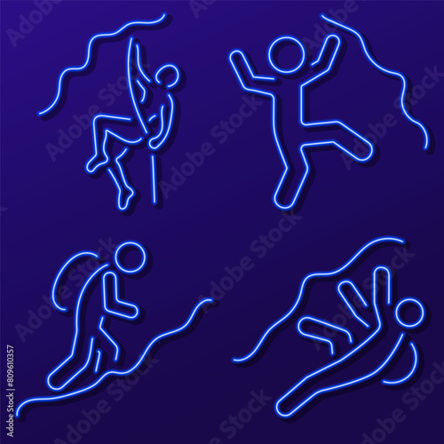 mountaineering neon sign, modern glowing banner design, colorful modern design trend. Vector illustration.