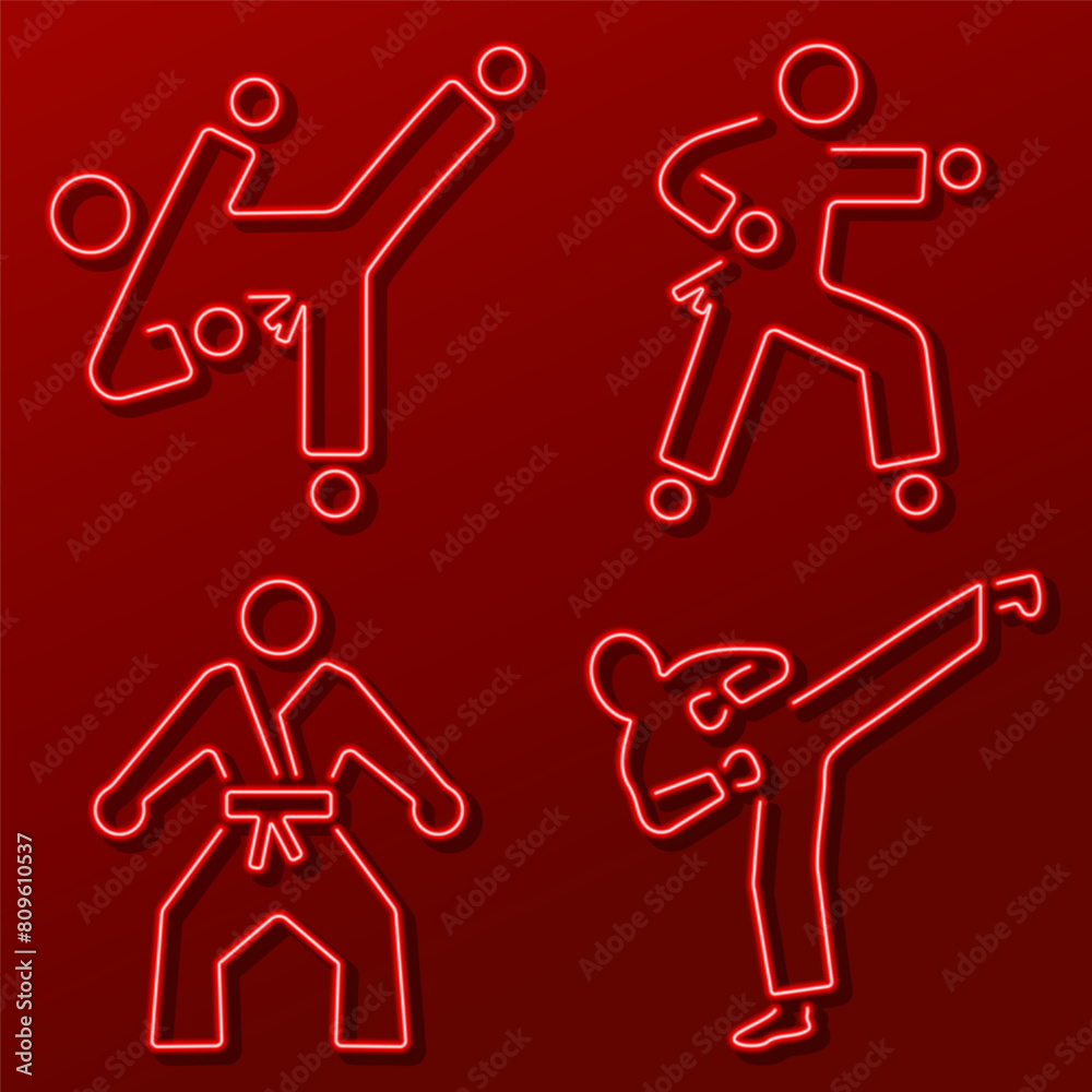 karate group of neon icons, vector illustration on black background. karate group of neon icons, vector illustration on black background.