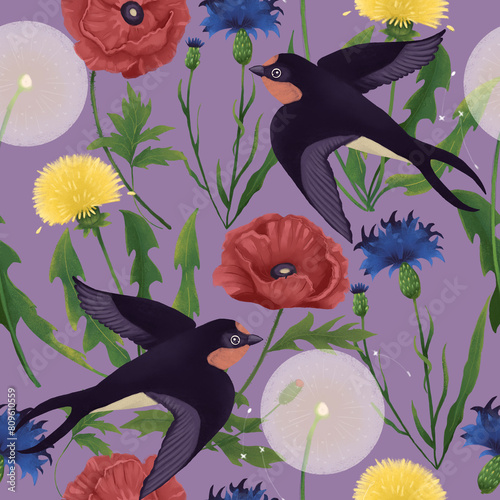 seamless pattern with swallow and wildflowers photo