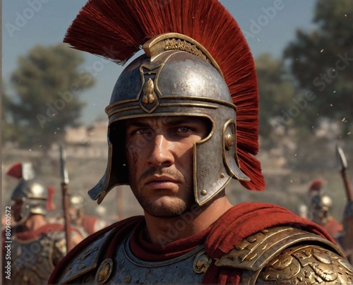 A Roman legionary soldier in shining armor and helmet. An ancient military fighter with a weapon, a representative of the ancient Roman Empire.