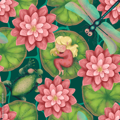 seamless pattern with sleeping Thumbelina on a water lily leaf photo