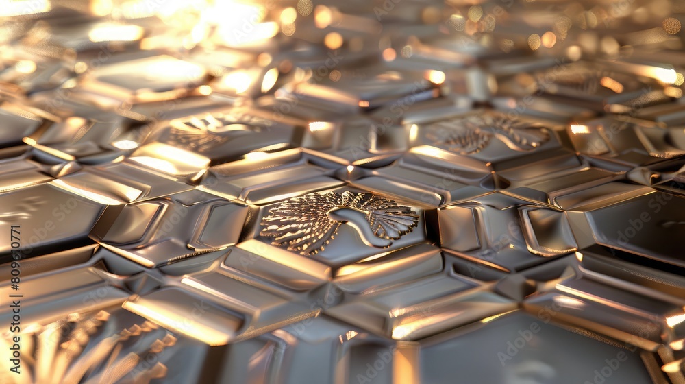 3D-rendered hexagonal panels, each adorned with an embossed swan feather, reflect light luxuriously. 3D-rendered hexagonal panels, each adorned with an embossed swan feather, reflect light luxuriously.