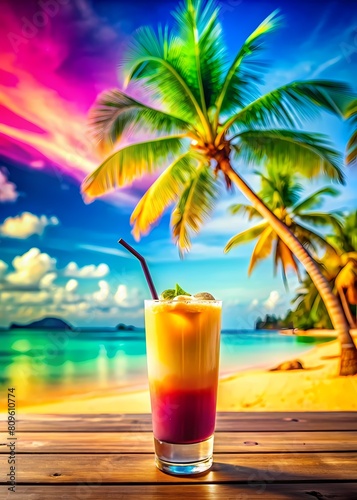 cocktail tropical island coconut palm trees abstract bokeh background colorful sky beautiful ocean vibrant nature