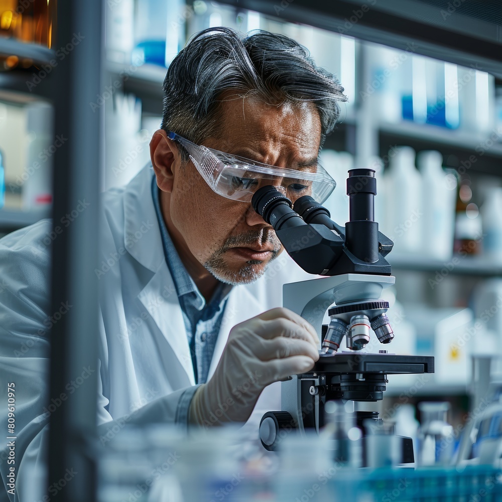 Close-up of a laboratory technician analyzing samples under a microscope in a lab. The background shows shelves filled with scientific equipment and test tubes. Close-up of a laboratory technician analyzing samples under a microscope in a lab. The background shows shelves filled with scientific equipment and test tubes.