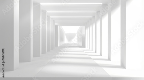 The interior of a 3d realistic white abstract room is cut out to indicate a tunnel. The corridor of the museum is illuminated in modern form. The studio s hall is empty. The advertisement showroom of