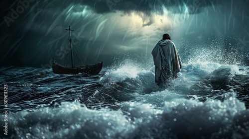 Jesus walking on water during a stormy night disciples boat in the background