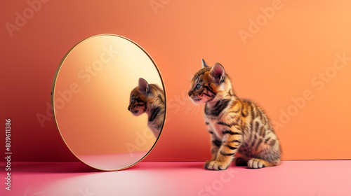 Small kitten looking at itself in the mirror against an orange background with pink tones. Minimal mindset concept. Web banner with empty space fot text.	 photo