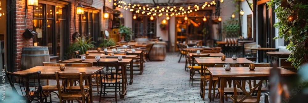 An inviting restaurant patio is beautifully illuminated by string lights adding a warm, welcoming atmosphere