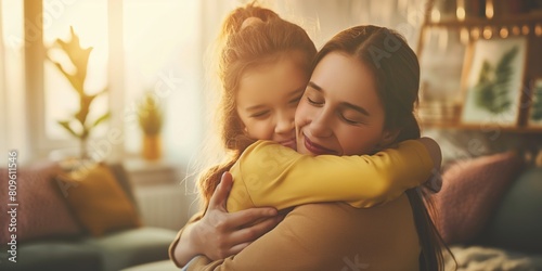 Tender moment between a mother and daughter hugging at home in warm light photo