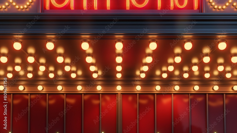 Illuminated marquee lights shine brightly on a theater facade at dusk.