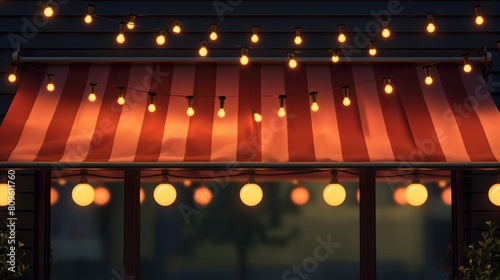 Twilight ambiance at a cozy outdoor cafe with warm string lights.