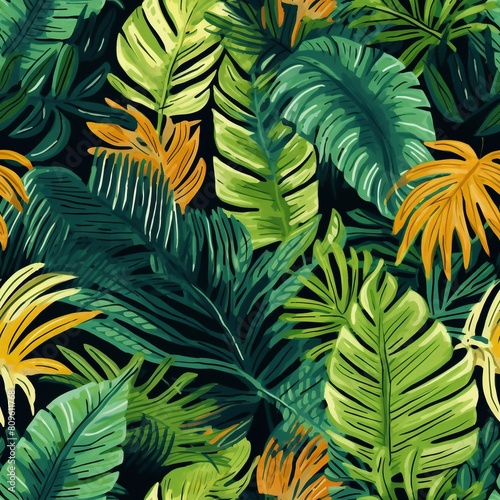 Seamless pattern with tropical jungle forest leaves exotic botanical illustration