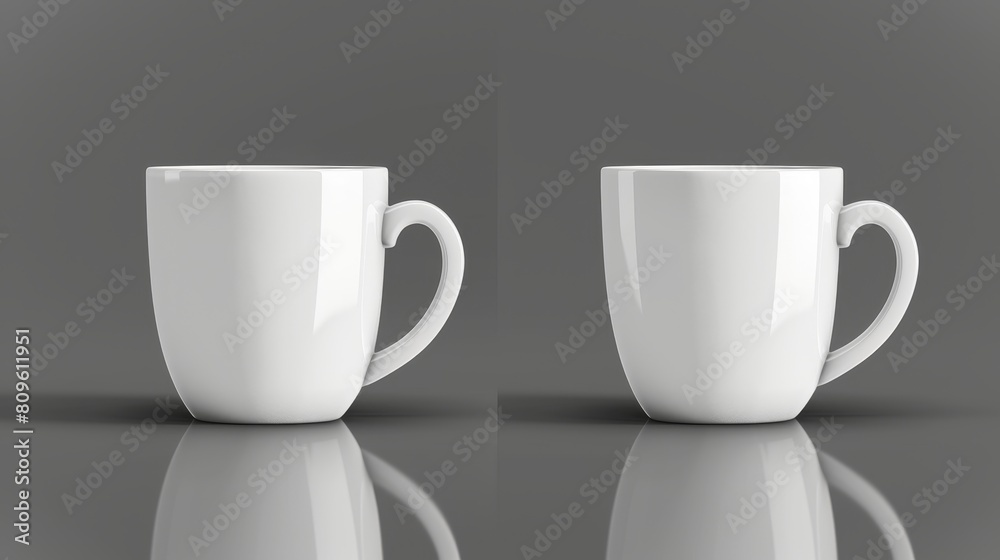 The white cup mockup template design is a 3D tea or coffee porcelain mug with handle modern mock up. The illustration is a realistic side view of an office teacup, with a reflection on the cup. The white cup mockup template design is a 3D tea or coffee porcelain mug with handle modern mock up. The illustration is a realistic side view of an office teacup, with a reflection on the cup.