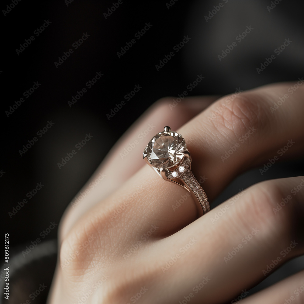 Close-up of a woman's finger with an engagement ring, focus on the sparkling details of the ring, delicate and graceful finger, Ai generated Images Close-up of a woman's finger with an engagement ring, focus on the sparkling details of the ring, delicate and graceful finger, Ai generated Images
