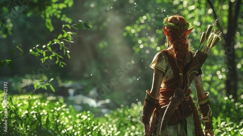 Woman elf Archer warrior looks from behind in a green forest Background wallpaper AI generated image