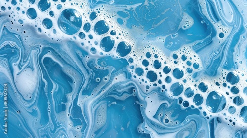 Liquid foam drops nature inspired aqua pattern wash for cleansing soapy water filled with shampoo bubbles photo