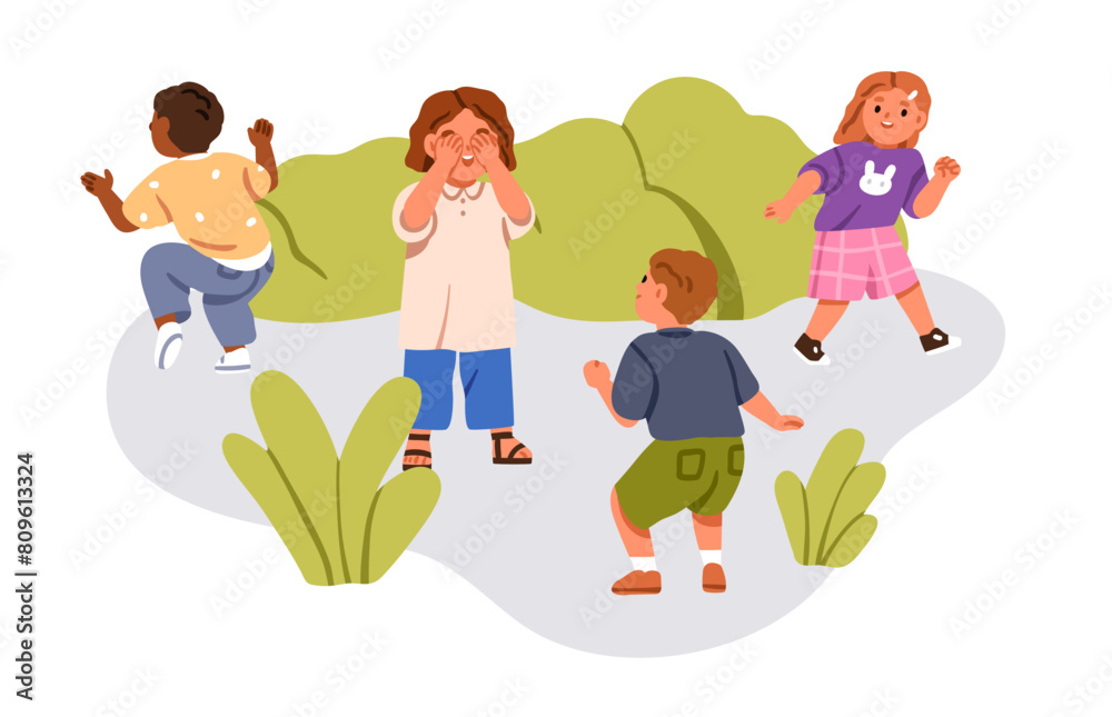 Children playing hide and seek. Kids having fun outdoors. Friends in summer playtime. Happy boys, girls during leisure activity time in nature. Flat vector illustration isolated on white background Children playing hide and seek. Kids having fun outdoors. Friends in summer playtime. Happy boys, girls during leisure activity time in nature. Flat vector illustration isolated on white background