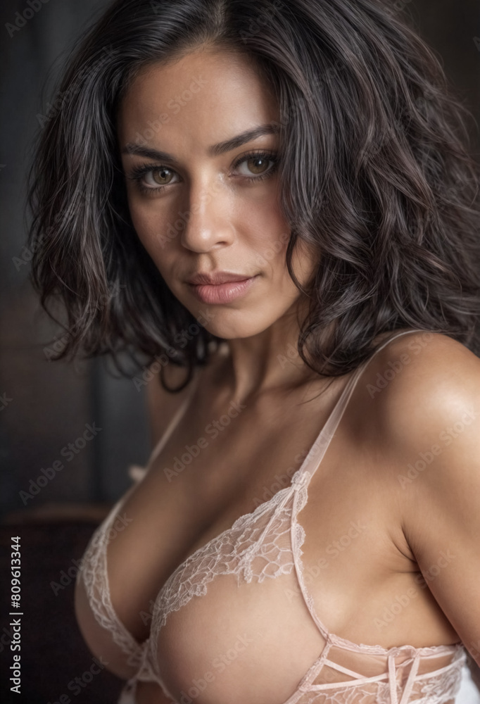 Sensuale bellezza- Donna con capelli castani e seno prosperoso indossa un reggiseno bianco Sensuale bellezza- Donna con capelli castani e seno prosperoso indossa un reggiseno bianco