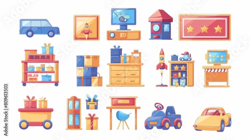 Set of cartoon toys on a white background. Boxes with toy gifts, cash register, store signboard, car trolley with a kid on it.