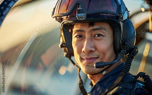 A man in a pilot's helmet is smiling. He is wearing a headset and is looking at the camera