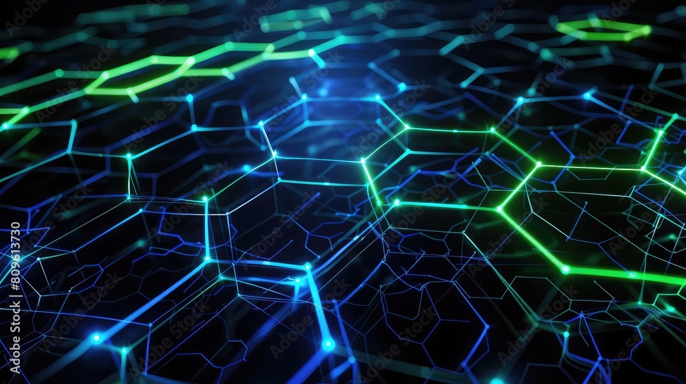 Futuristic wallpaper featuring glowing hexagons in blue and green, interlinked on a black canvas.