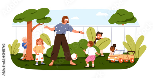 Kids playing hide and seek, outdoor game. Woman blindfold and children, joyful activity in nature. Happy summer recreation with boys and girls. Flat vector illustration isolated on white background photo