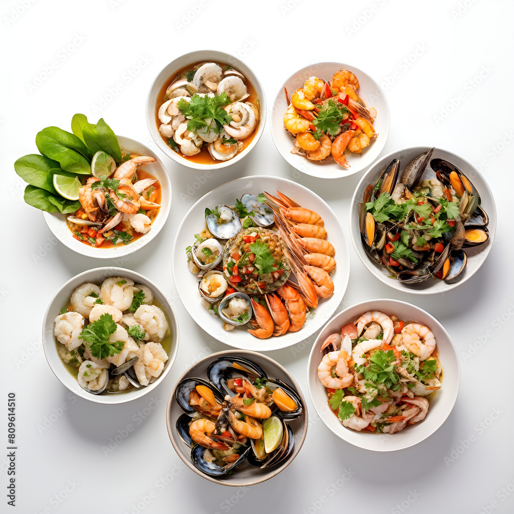 a variety of dishes including shrimp, shrimp, and seafood. a variety of dishes including shrimp, shrimp, and seafood.