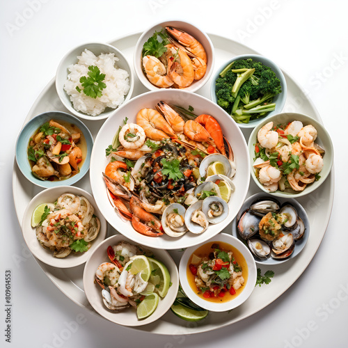 a plate of food with a variety of dishes on it.
