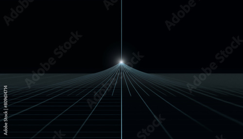 A minimalistic abstract background with many lines that converge at one point, form a bright glow and continue to move one ray upward.