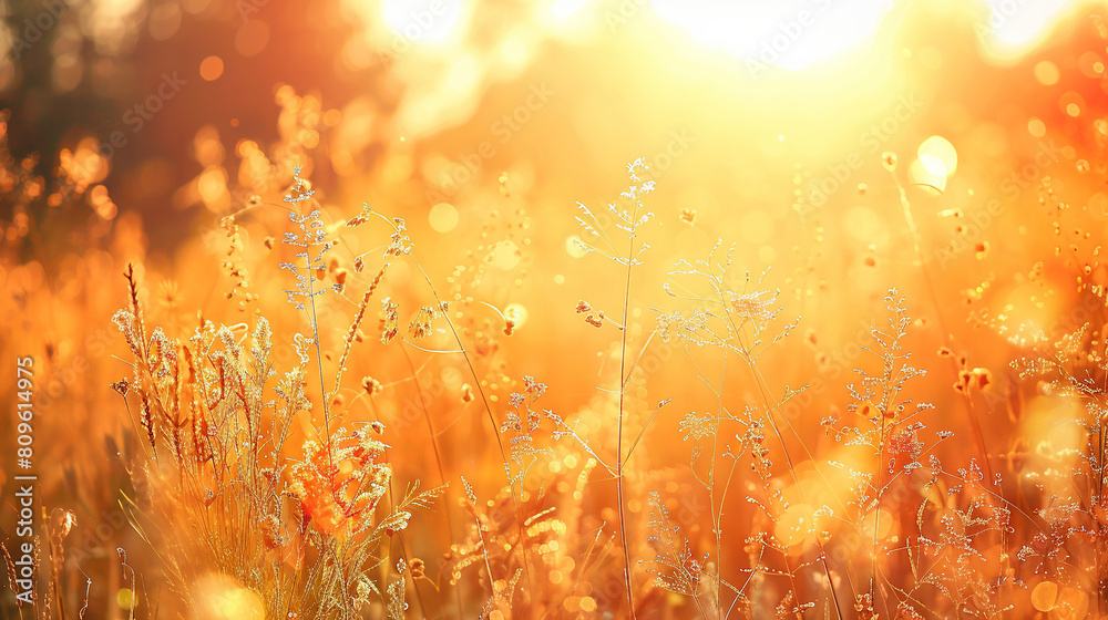 Abstract warm landscape of dry wildflower and grass meadow on warm golden hour sunset or sunrise time. Tranquil autumn fall nature field background. Soft golden hour sunlight panoramic countrysi