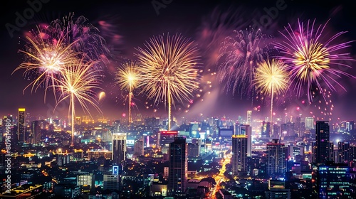 Panoramic view of a grand fireworks display, with golden and purple fireworks lighting up the entire sky above a bustling cityscape during a major festival © Montri