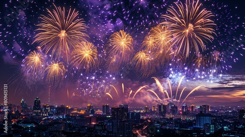Panoramic view of a grand fireworks display, with golden and purple fireworks lighting up the entire sky above a bustling cityscape during a major festival