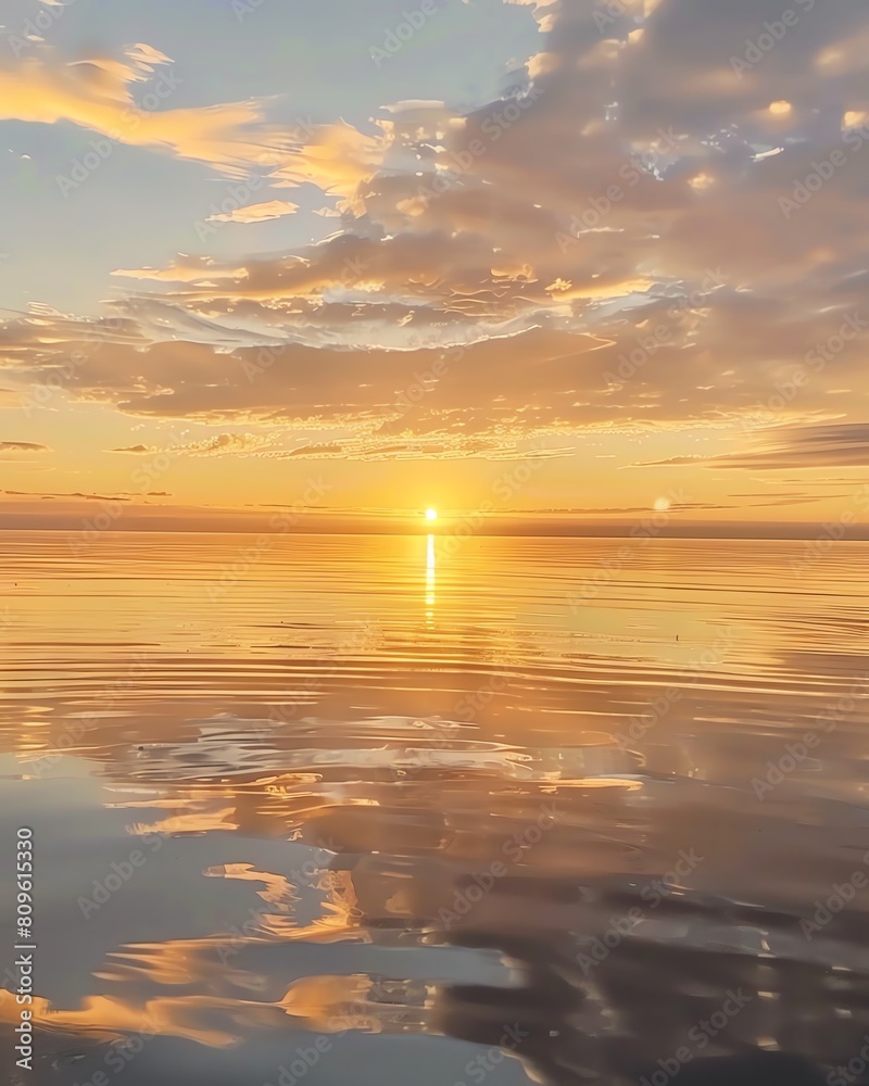 Fototapeta premium Peaceful sunrise timelapse over a calm ocean, the horizon glowing warmly as the sun rises, reflections shimmering on the water, with gentle, calming music