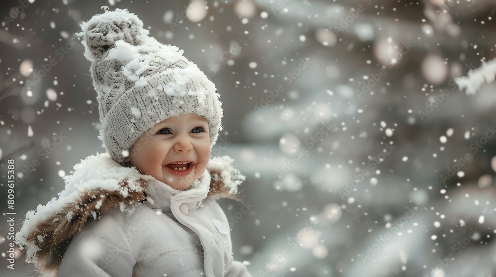 Playful image of a small child bundled up in winter wear, their first snowfall causing a burst of laughter, snowcovered trees providing a perfect winter scene Playful image of a small child bundled up in winter wear, their first snowfall causing a burst of laughter, snowcovered trees providing a perfect winter scene