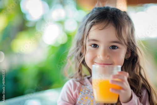 Beautiful smiling little girl holding a glass of juice in her hand
