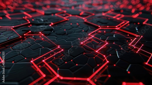 Hexagons in red connected by luminous lines on a dark base, symbolizing swift data transfer.