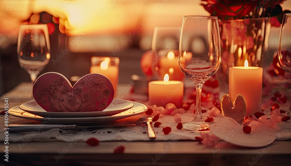 A table adorned with heart-shaped plates and candles creating a romantic ambiance A table adorned with heart-shaped plates and candles creating a romantic ambiance