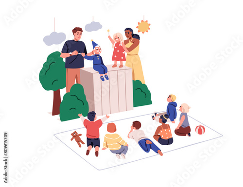 Puppet theater show. Marionette performance for children. Cute kindergarten kids, boys and girls watching puppetry, toy theatre, fairytale dolls. Flat vector illustration isolated on white background