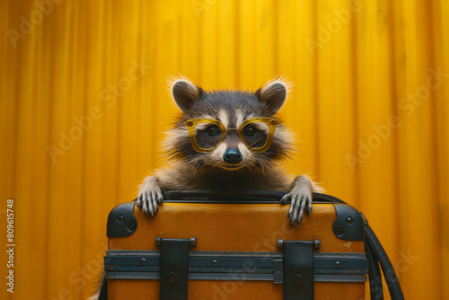 Racoon with suitcase, summer, created with Generative AI technology photo