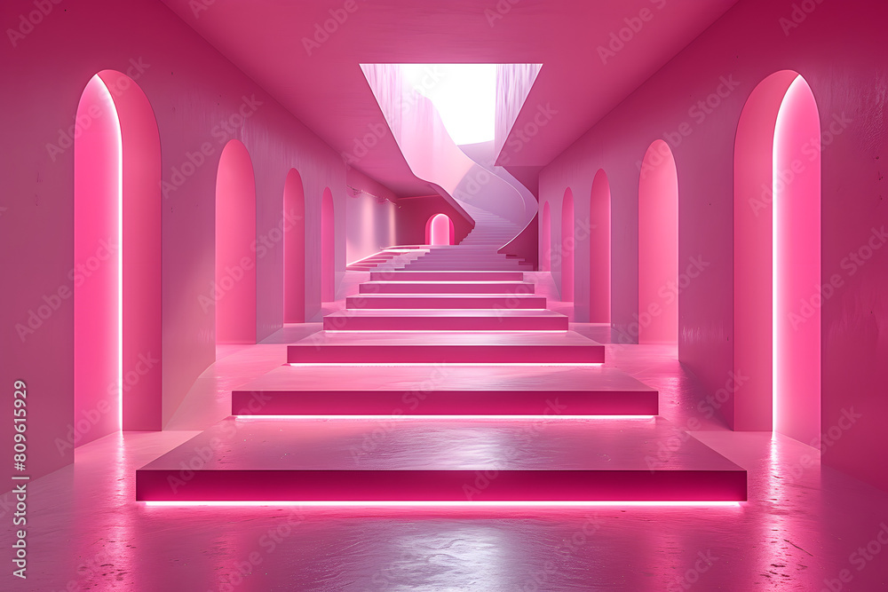 Futuristic pink corridor with geometric shapes and neon lighting. Modern architectural design. Design for poster, wallpaper Futuristic pink corridor with geometric shapes and neon lighting. Modern architectural design. Design for poster, wallpaper