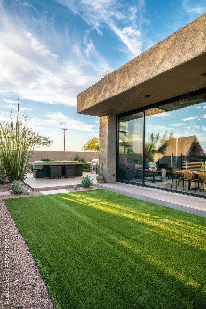 Modern backyard with stylish grass and patio furniture Modern backyard with stylish grass and patio furniture
