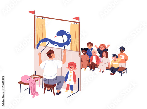 Children at puppet theater. Happy cute kids, toddlers watching marionette performance. Nursery theatre show with toys on sticks, backstage. Flat vector illustration isolated on white background