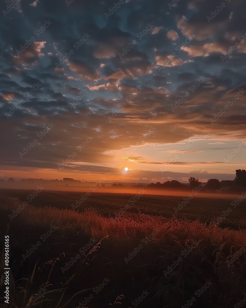 Timelapse video of a sunrise over a sleepy rural landscape, dewcovered fields slowly illuminated, accompanied by soft, reflective instrumental music Timelapse video of a sunrise over a sleepy rural landscape, dewcovered fields slowly illuminated, accompanied by soft, reflective instrumental music